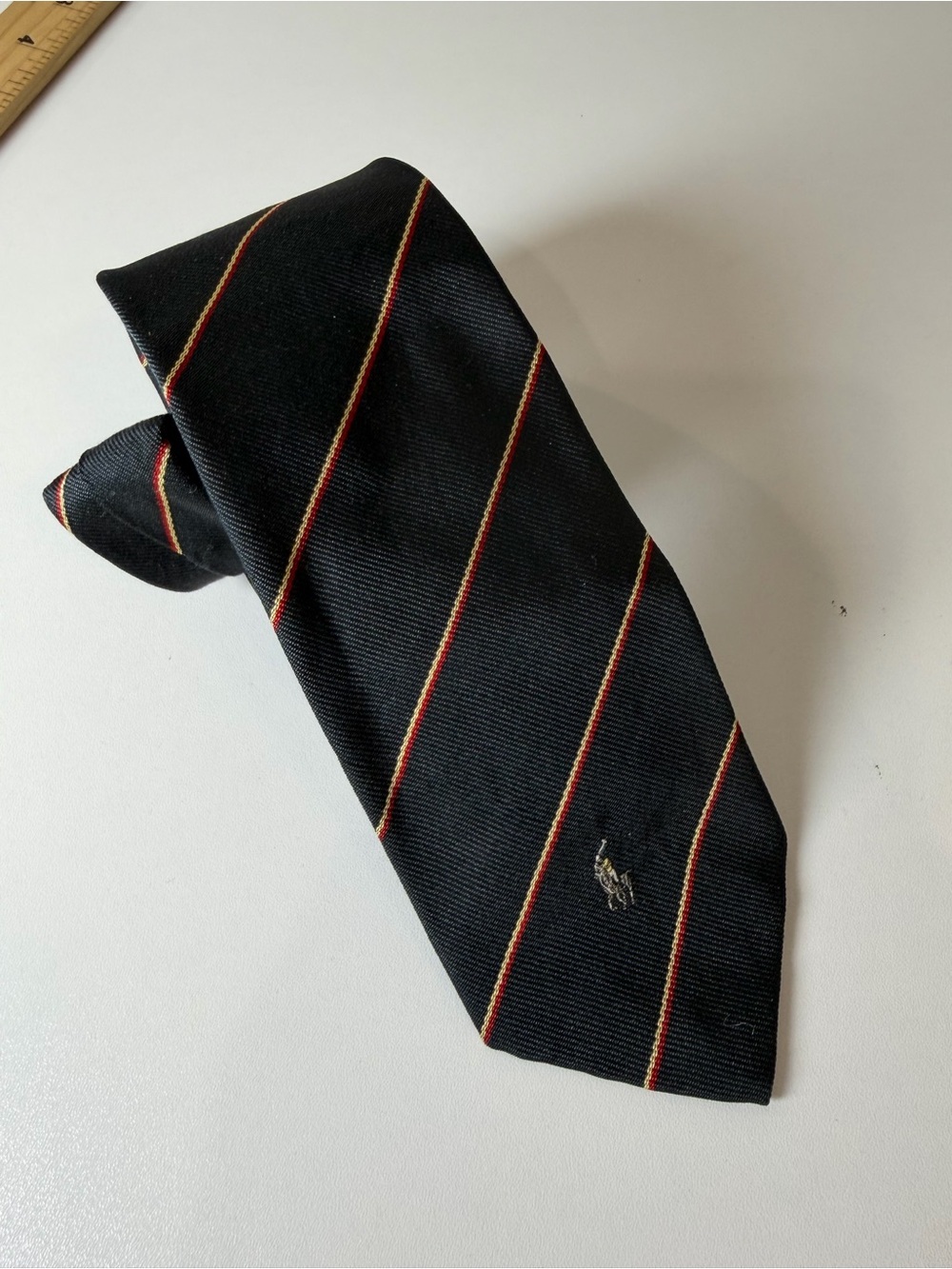 Polo Ralph Lauren Black Silk Tie with Red and Gold Embroidered Horse Logo Stripe